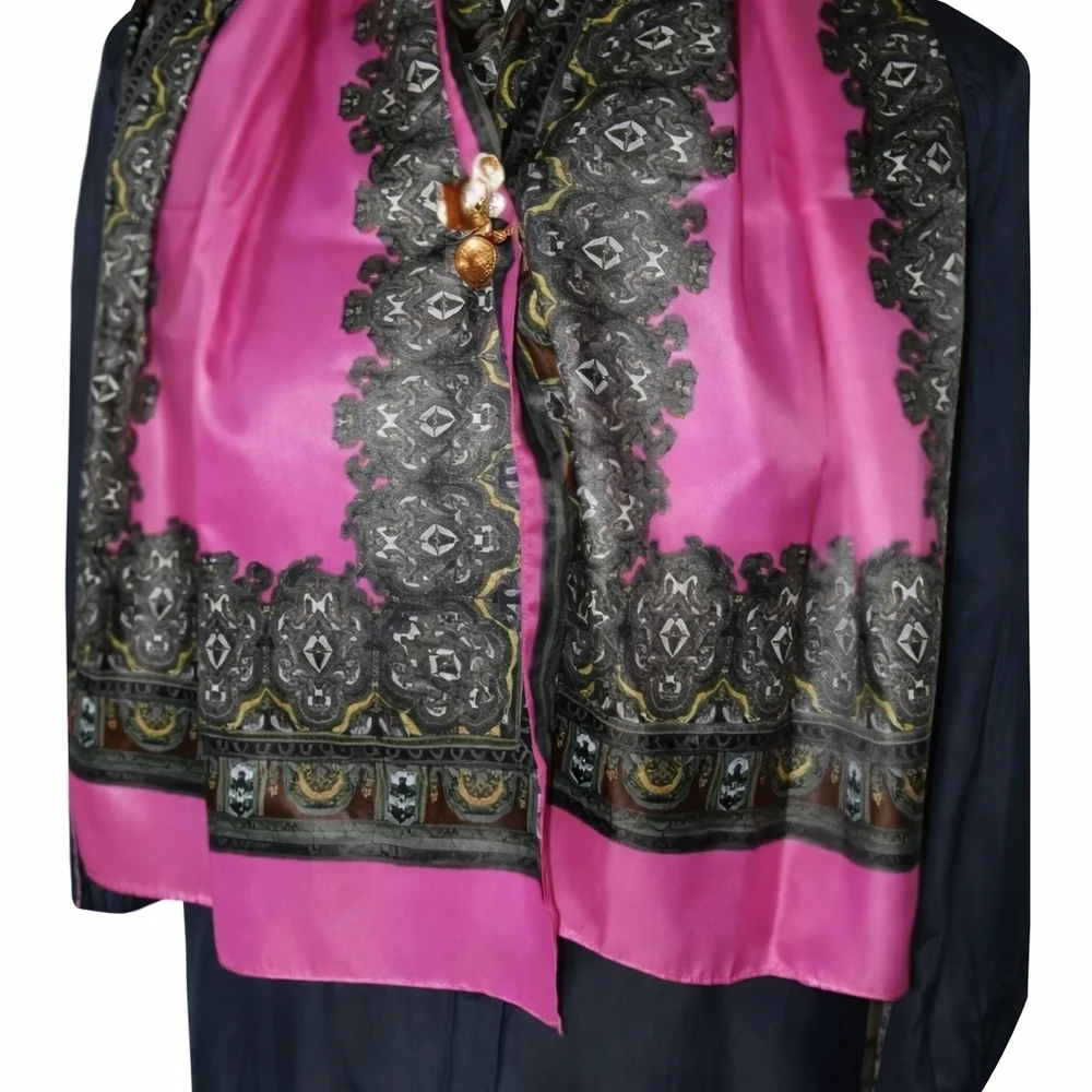 Vintage Pink Silk Scarf Ornate Baroque Print Black Gold Elegant